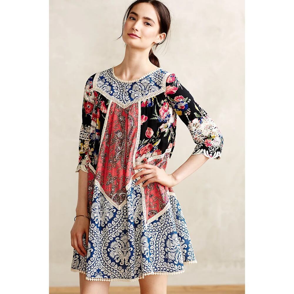 Vanessa Virginia x Anthropologie Womens Inez Swing Dress Crochet Patchwork Mini